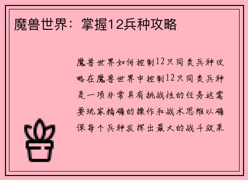 魔兽世界：掌握12兵种攻略